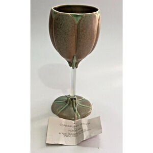 Newman Ceramic Works 7" Tulip Wine Glass Iridescent Stem Sage Signed Oregon